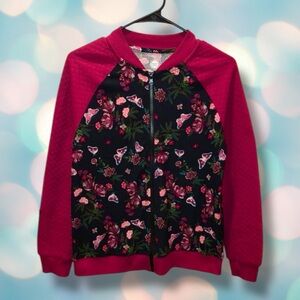 Floral Butterfly Black and Red Girl's Zip Quilted Sweatshirt Size L 10/12